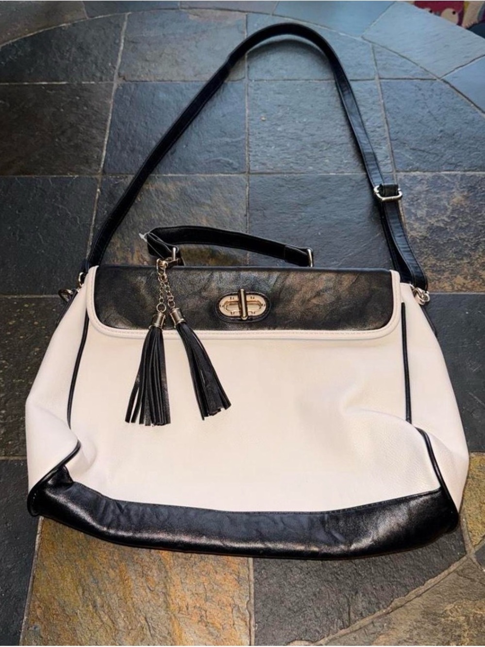 Call It Spring Black and White Two-Tone Shoulder Bag with Tassels